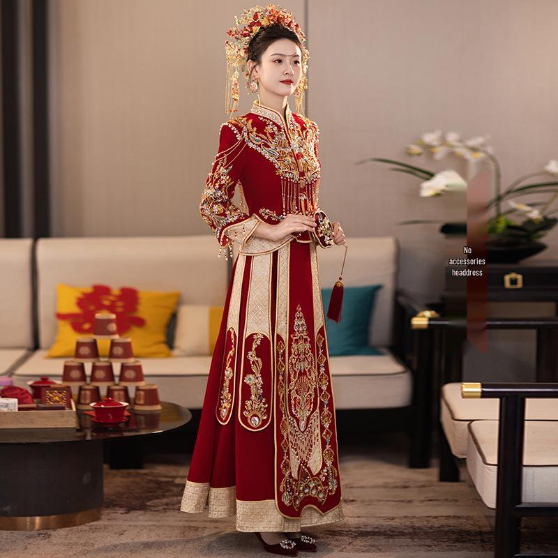 2026 Xiuhe Velvet Bride s Departure Dress - High-End Chinese Wedding Toasting Attire for Couples S