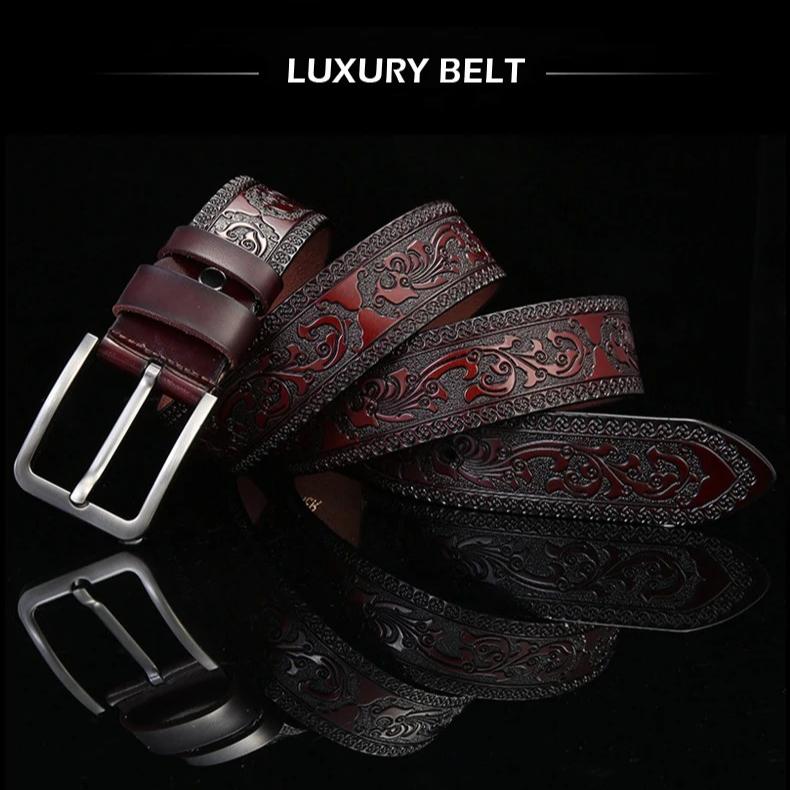 Cow Leather Embossing Belt Male Classic Vintage Pin Buckle Strap