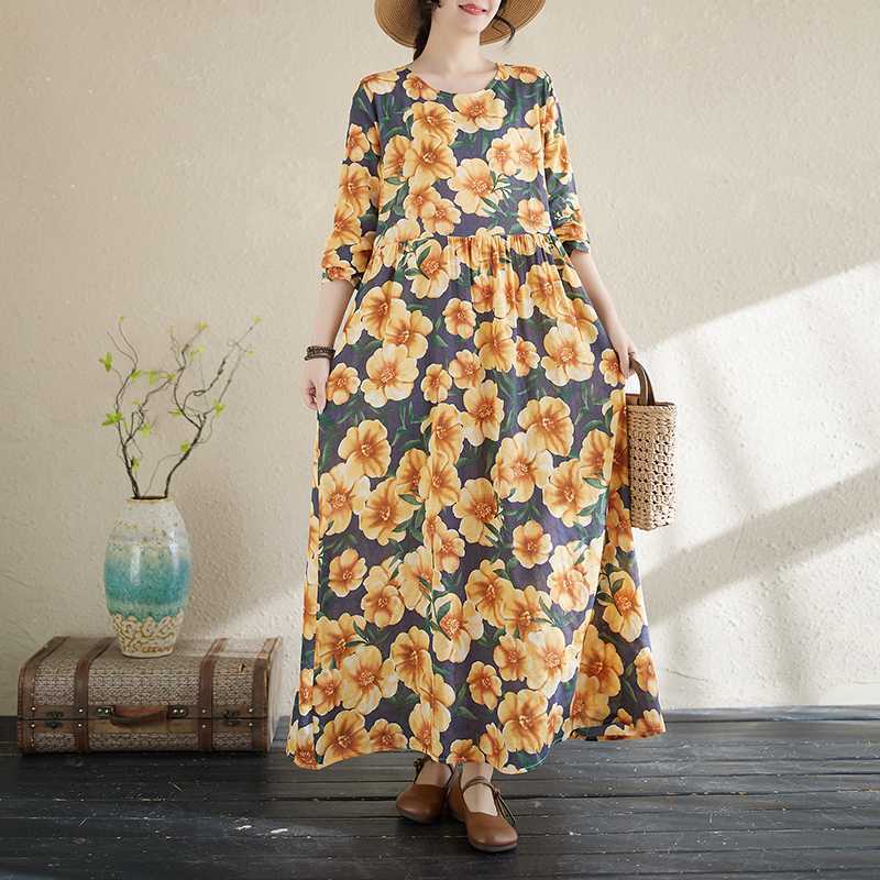 New Floral Vacation Style Travel Round Neck Vintage Long Flesh Covering Dresses