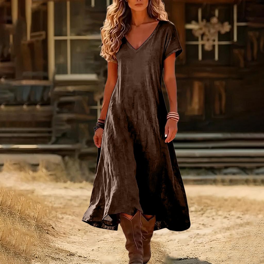 Fashion Women's Color V-neck Long Dress Loose
