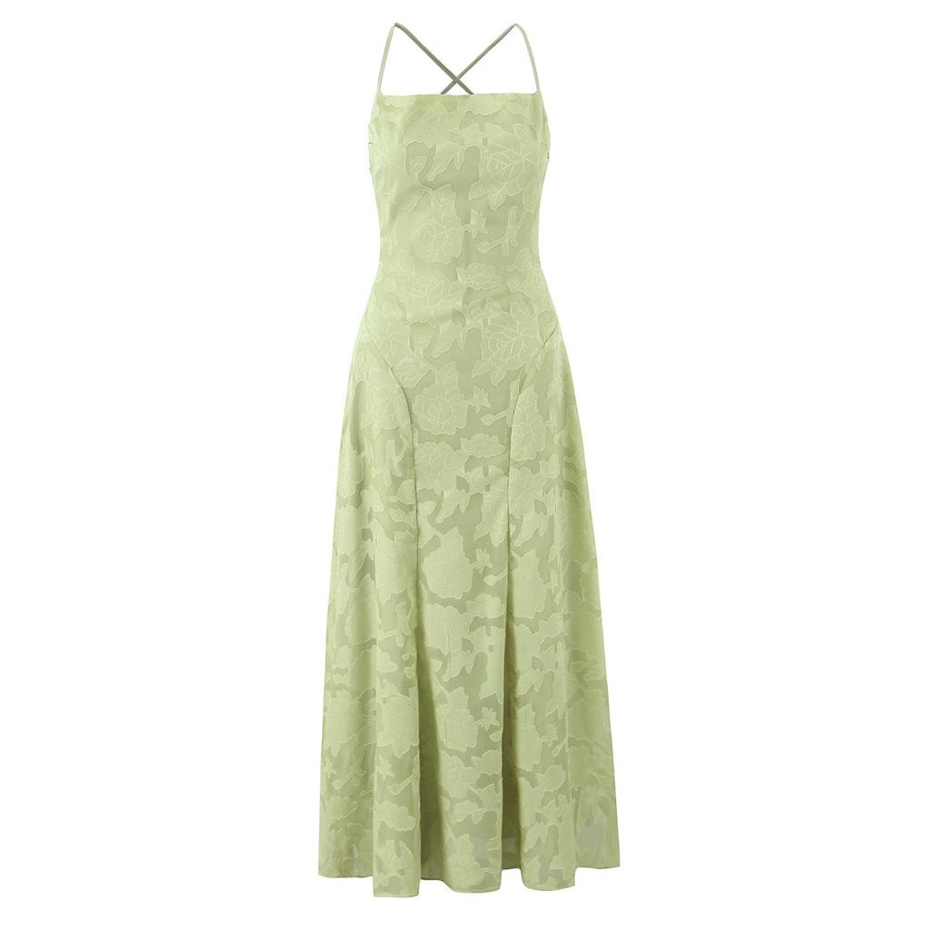 Women's Jacquard Sexy Slim Sling Dress Halter Strap Design Long Dress