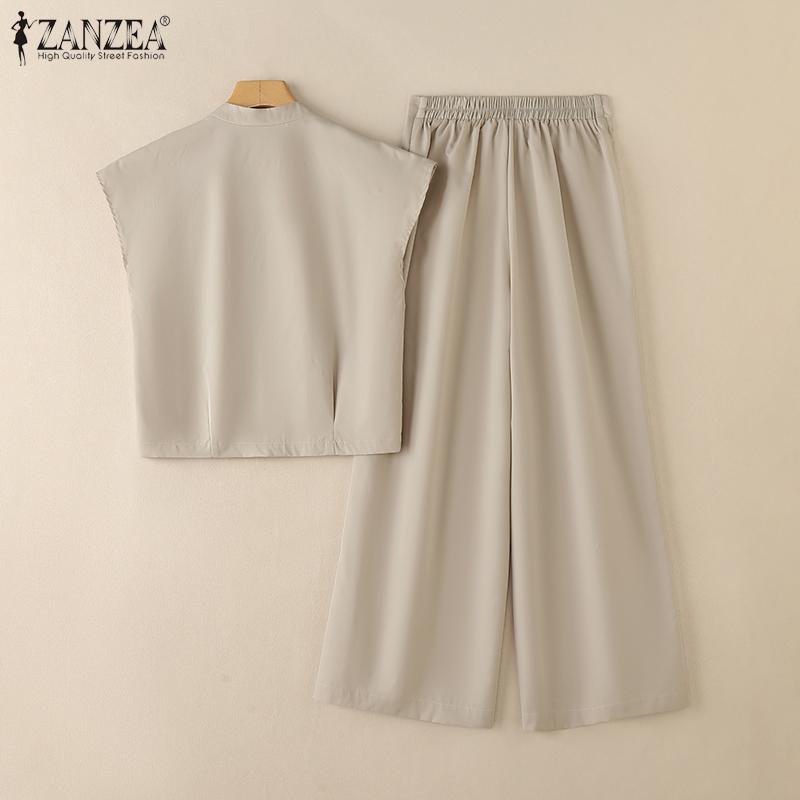 ZANZEA Women Sleeveless Blouse and Long Pants Casual Two Piece Suit Sets