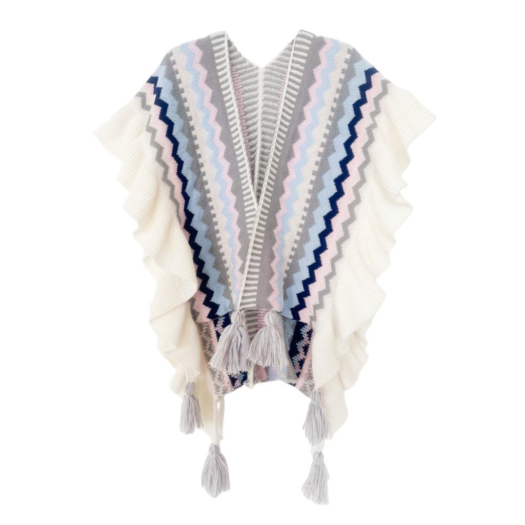 Women's Fashion Spring Autumn Winter Pashmina Ethnic Style Tassel Cape Colorful Knitted Split Shawl