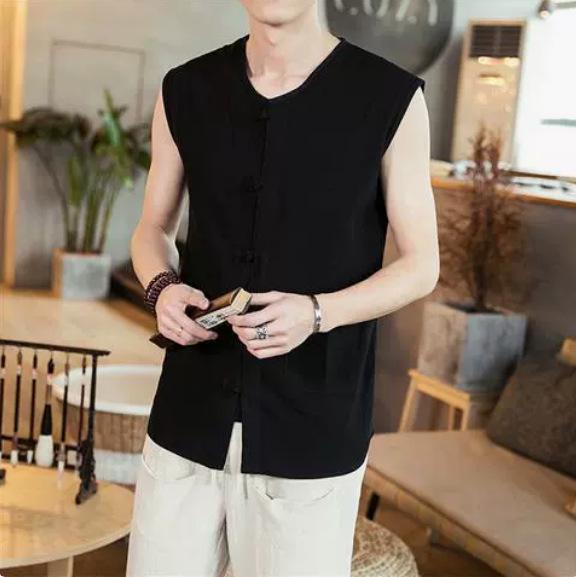 2026 Summer Chinese-Style V-neck Cotton Linen Tang Suit Vest with Frog Button 4XL