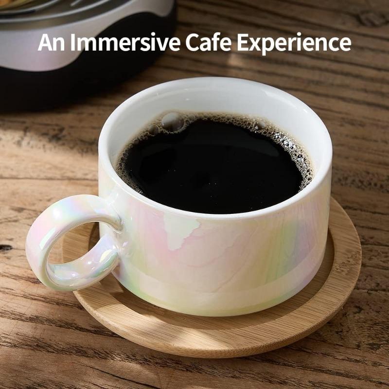 Porcelain Espresso Cup with Saucers and Metal Stand - 6 Ounce Stackable Ceramic Demitasse Espresso Mugs Cappuccino Cups Set