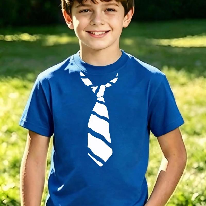 Stylish Boys Tie Graphic Soft Light Fabric Crew Neck Short Sleeve Daily Casual Top Machine Washable Outdoor Street Wear