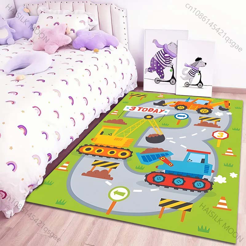 Cartoon Baumaschine Teppich für Wohnzimmer Schlafzimmer Sofa Kreative Fußmatte Heimdeko Bereich Robuster Rutschfester Teppich Große Größe