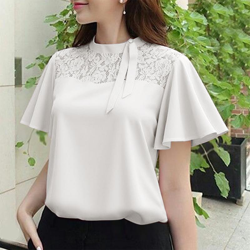 ZANZEA Women Casual Lace Patchwork Loose Short Sleeve Blouse S белый