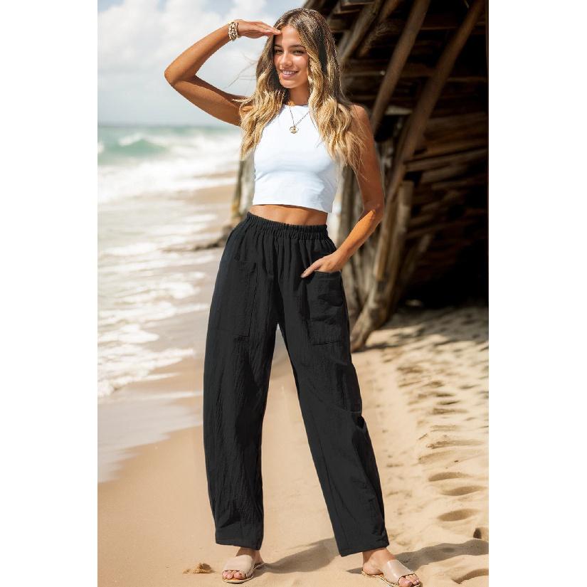 Women s Clothing 2026 Spring/Summer New Style Cotton Linen Casual Pants Vacation Style Elastic Waist S чёрный