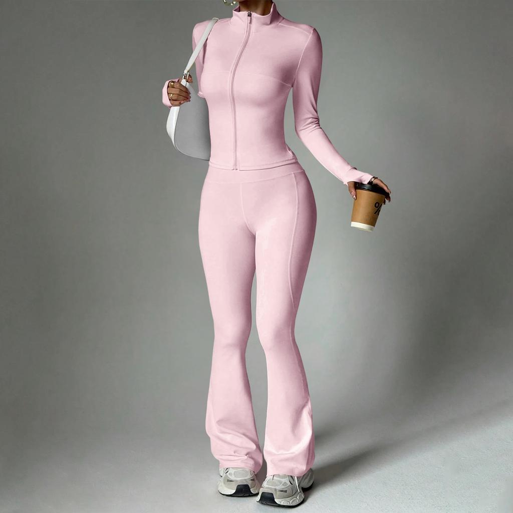 Women's 2 Piece Yoga Set with Zip-Up Long Sleeve Jacket and Flared Pants for Fitness and Training