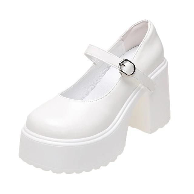 Chunky Platform High Heels Pumps Women 2025 Autumn Pu Leather Ankle Buckle  Shoes Woman Thick Heeled White Lolita Shoes