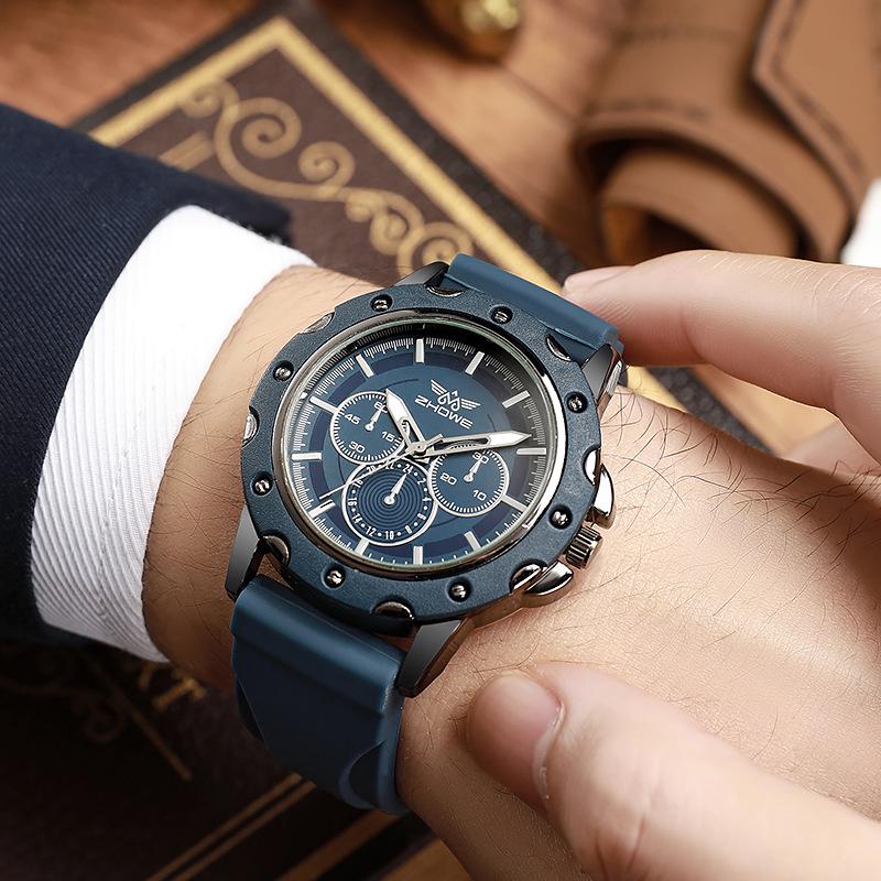 Men s Fashionable Three-Eye Silicone Strap Quartz Watch
