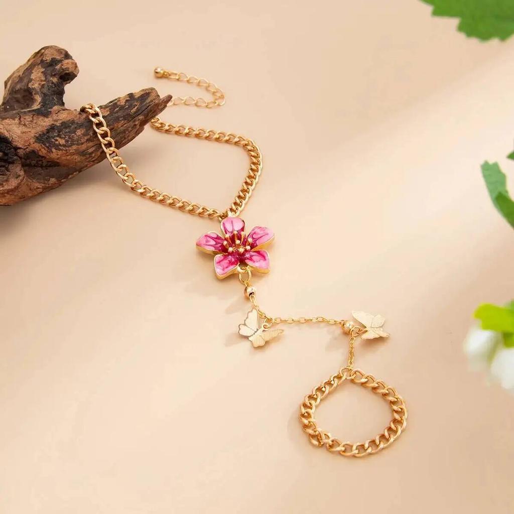 Ingemark Exquisite Sweet Butterfly Flower Finger Bracelet for Women Retro Drip Oil Flower Charm Bracelets Jewelry Hand Accessory