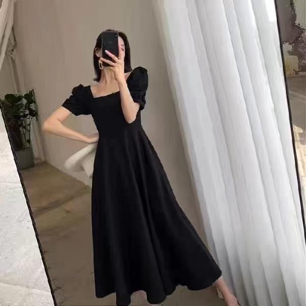 Women's Elegant Square Neck Black Midi Dress - Short-Sleeved, Waist-Cinched, Hepburn Style