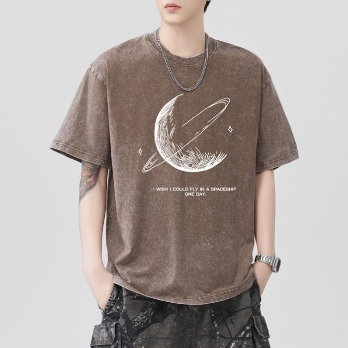 

Men s Trendy Heavyweight Pure Cotton Short Sleeve T-Shirt - Printed, Loose Fit, Round Neck, Summer 2026 High-End Style S (40-55kg) кофейный