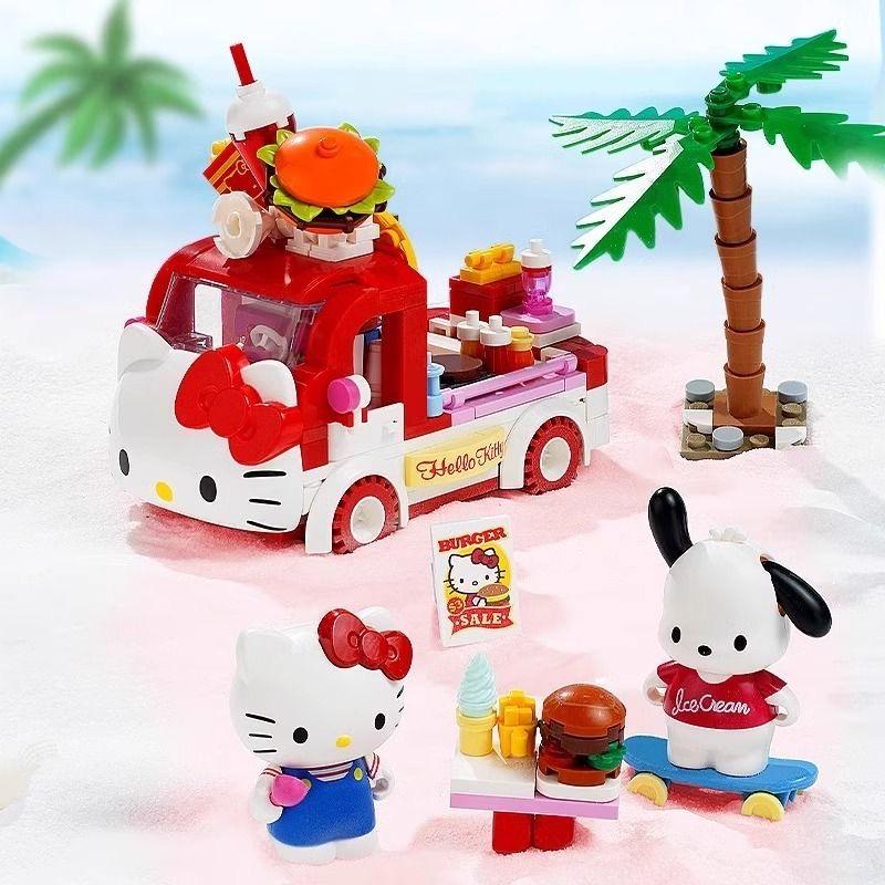 Non-Toxic Sanrio Series Building Blocks Hello Kitty Pochacco Burger Car Pom Pom Purin Cinnamoroll Dessert Car Model Bricks Kids Toys Gifts