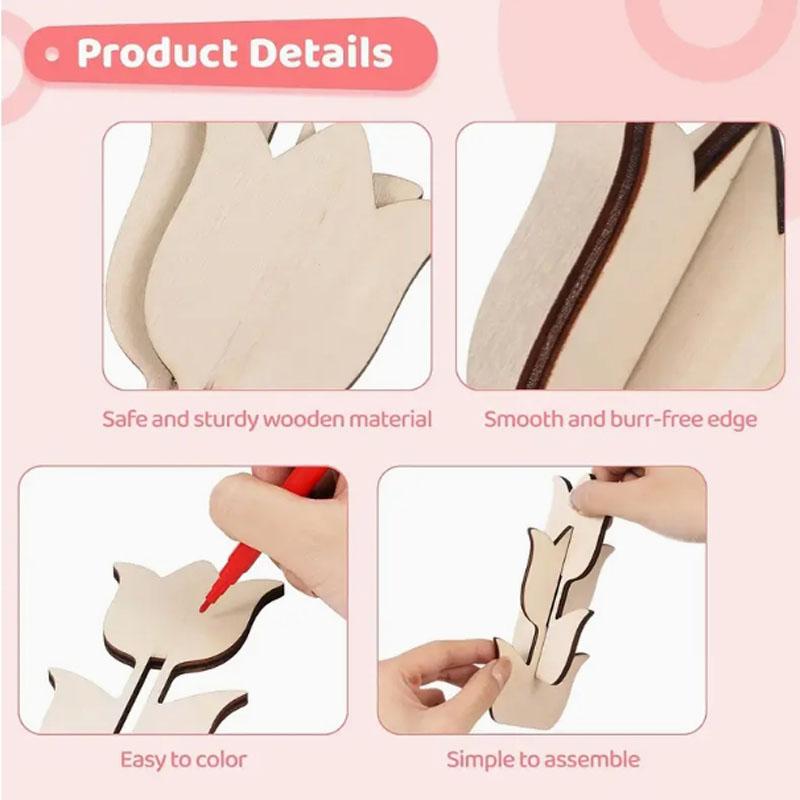 6/10/12Pcs DIY Tulip Unfinished Wooden Slices Flowers Ornaments for Painting