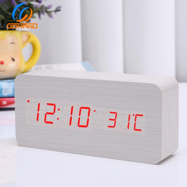 Wooden Sound-Control Luminous LED Alarm Clock with Silent Mode & Temperature Display