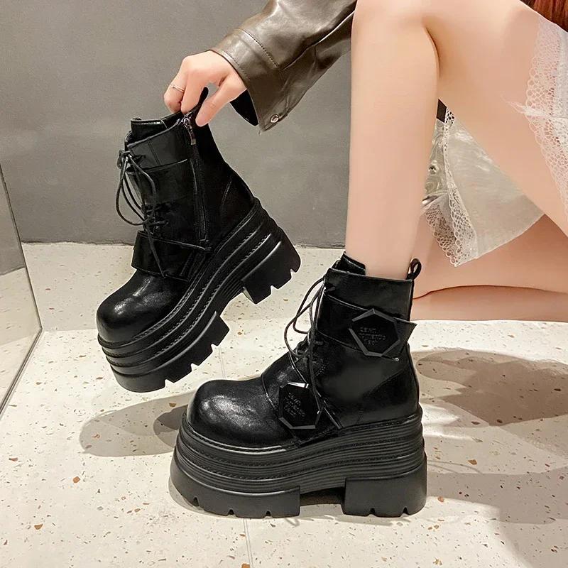 Fashion 10.5CM Winter Women Thick Sole Warm Fur Ankle Boots Platform Leather Motorcycle Boots High Heels Plush Chunky Punk Shoes Woman