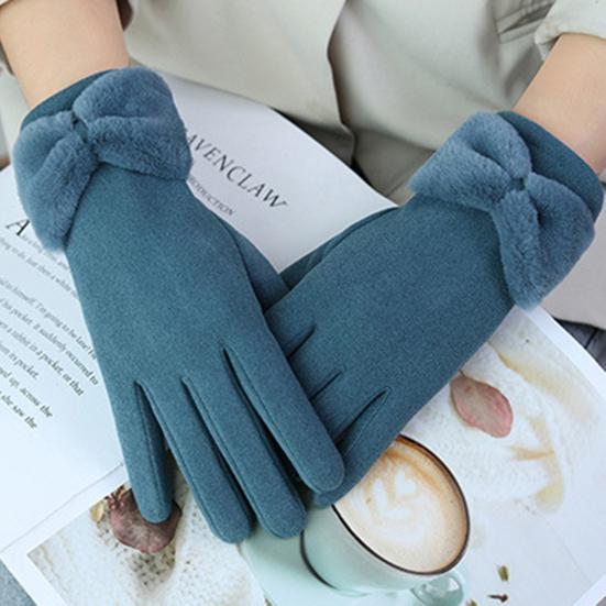 1 Pair Bowknot Decor Thickened Solid Color Women Gloves Autumn Winter Double-sided Fleece Touch Screen Driving Gloves