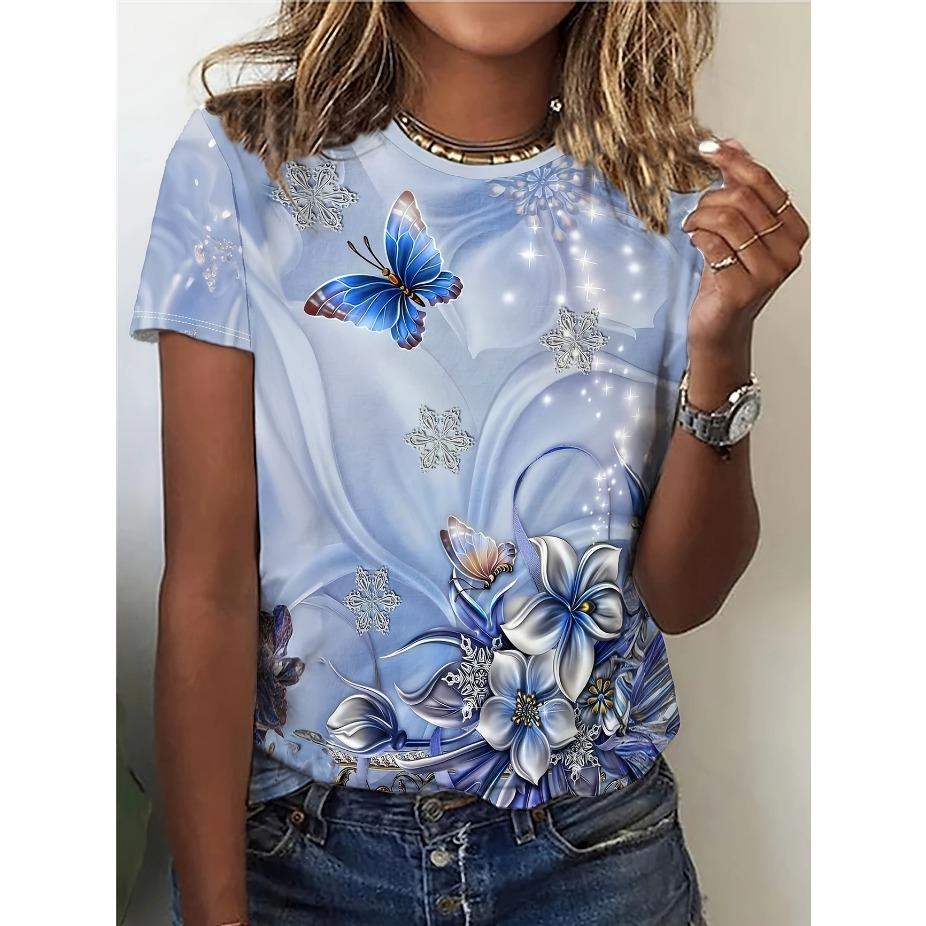 Vibrant Butterfly Print Crew Neck T-Shirt Soft Slight Stretch Polyester Regular Fit Short Sleeve Spring & Summer Womens Casual Clothing
