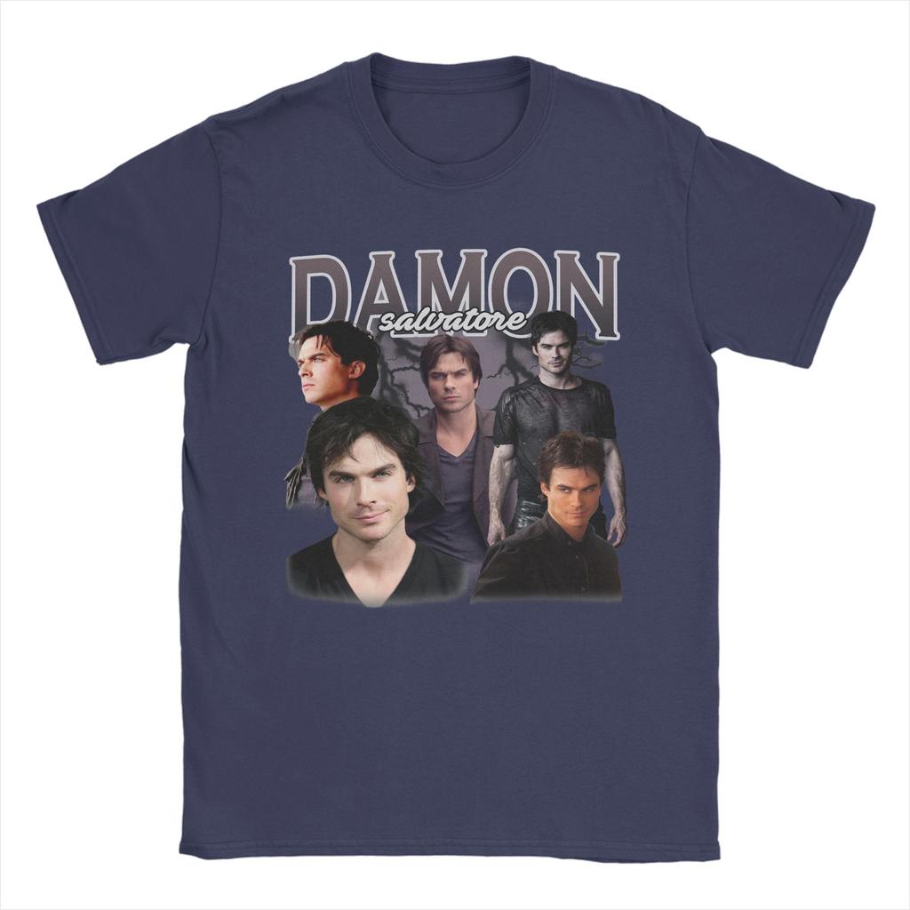 Damon Salvatore TShirts for Unisex Crewneck Pure Cotton T Shirts The Vampire Diaries Ian Somerhalder Short Sleeve Tees Clothing