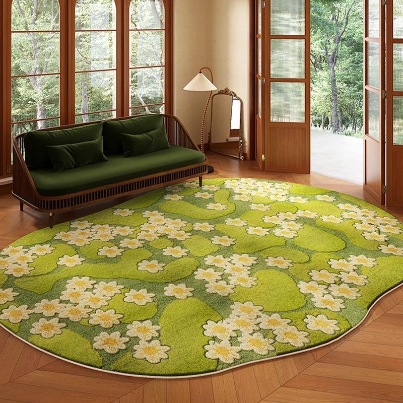 Green Living Room Rug Irregular Short Velvet Non-slip Floor Mat Bedroom Bedside Carpet Floral Retro Home Decor Teppich Alfombra