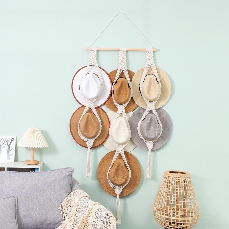Nordic Boho Cotton Rope Hanging Hat Organizer Display Rack Cap Holder Scarf Hanger Macrame Home Wall Decor