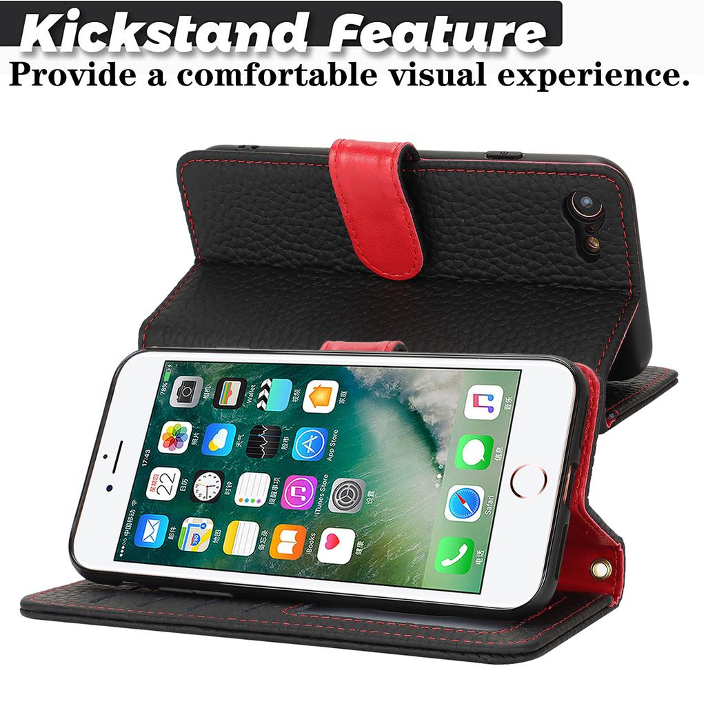 For iPhone SE (2022)/(2020)/8/7 Stand Case Litchi Texture Genuine Cow Leather Wallet Phone Cover RFID Blocking