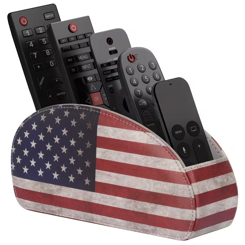 Remote Control Holder with 5 Compartments Faux Leather Desk Organizer TV Remote Storage Caddy Tabletop Holder for Living Room Office Home Use