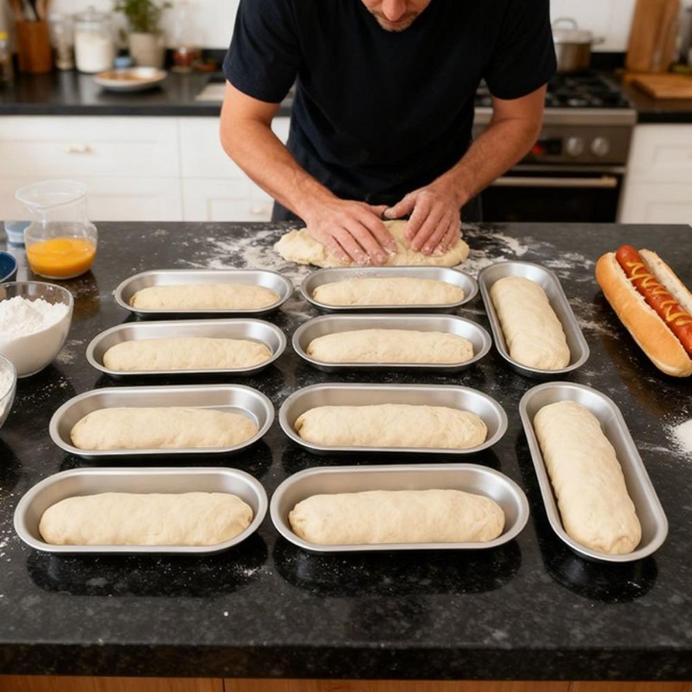 4 Stück Aluminium-Zink-Zinklegierung Wurstbrot Backform Ovales Streifenbrotform Hotdog-Brotform Ofen