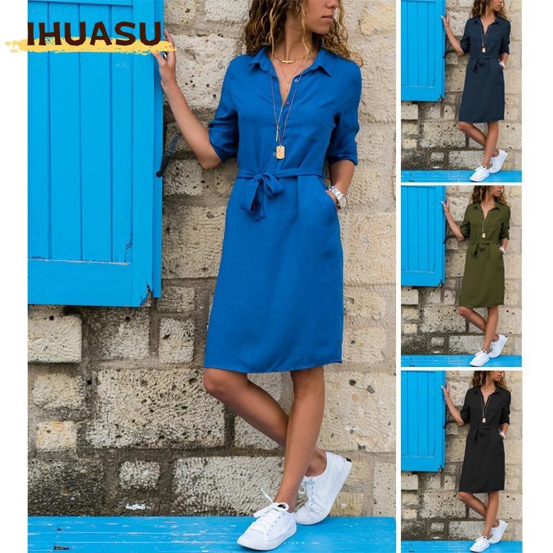 IHUASU Women's Fashion Summer Spring Solid Color Print POLO Neck Long Sleeve Casual Dresses