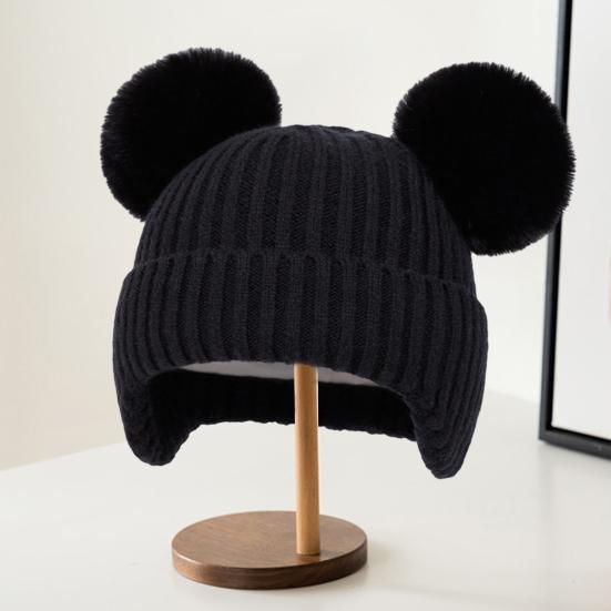 Yousheng Kids Knitted Hat Dual Fur Ball Decor Ear Protection Warm Hat Solid Color Elastic Warm Windproof Hat Headwear
