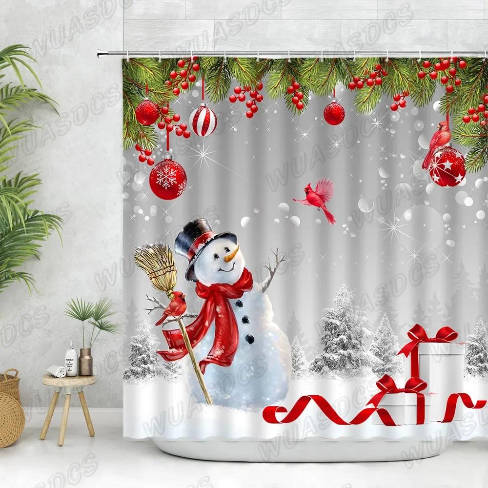 Christmas Shower Curtain Sets Vintage Red Truck Xmas Ball Pine Tree Snowman Winter New Year Gift Bathroom Decor Bath Curtains