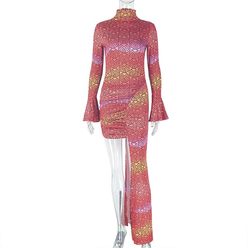 European and American Personality Hipster Women's Clothing Hip-wrapped Slim-fit Printed Fashion Irregular Skirt High-neck Long-sleeved Short Dress