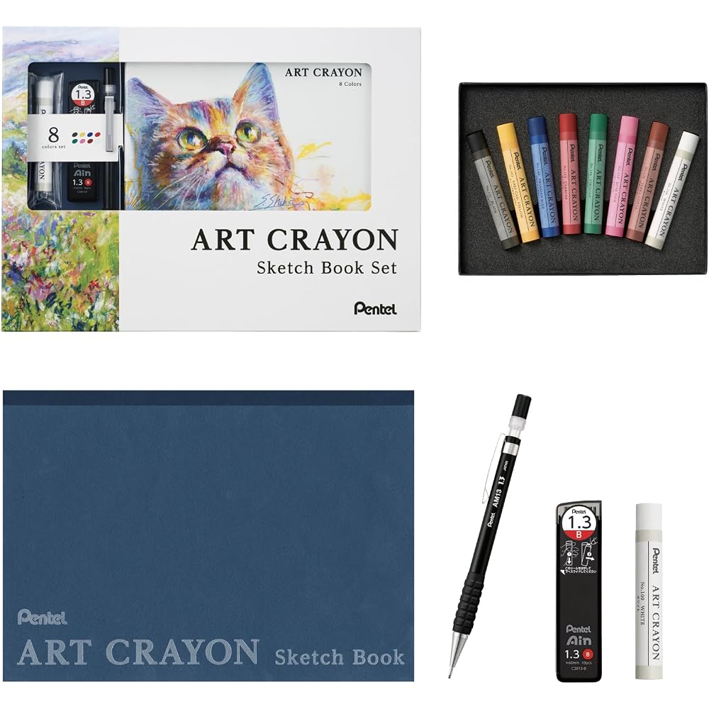 Pentel Crayon Art Crayon 8 Color Set Single Color White Sharp Refill Set with Sketchbook/Drawing ...