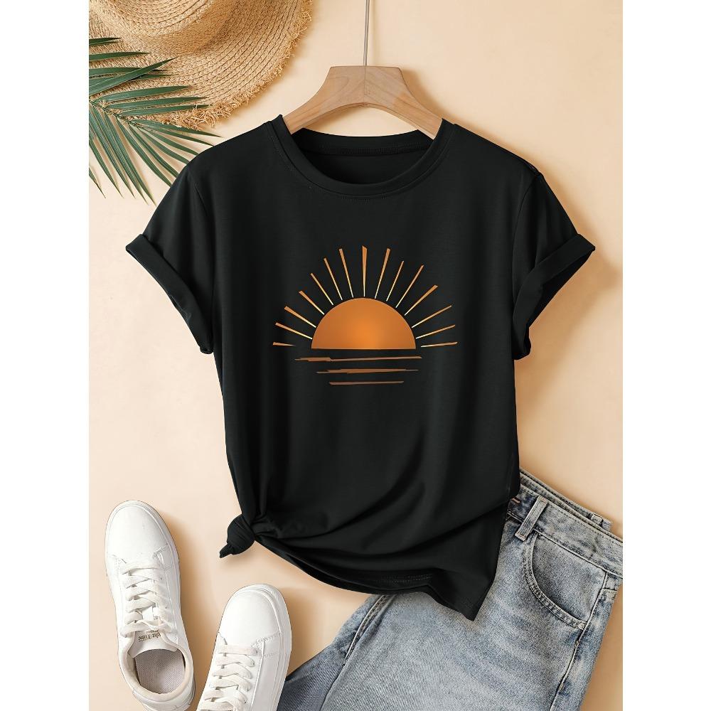 

Sunrise Graphic Women s T- shirt Tee Minimalist Vacation Top Casual Black S