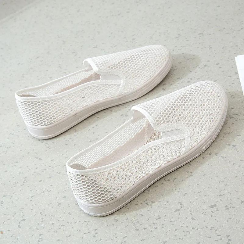 WTEMPO Simple Black White Mesh Hollow-out Versatile Shoes Women Casual Lightweight Soft Flat Heel Slip-ons Shoes