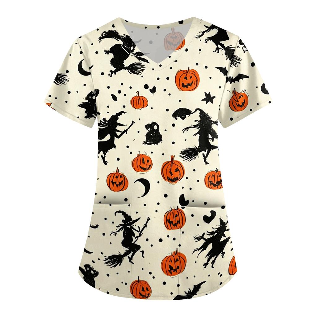 Women's Halloween Print V-Neck Short Sleeve Scrub Top with Pockets Loose Fit