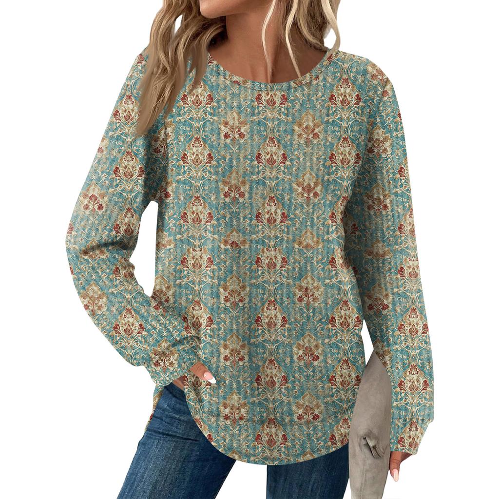 Women's Fashion Long Sleeve Floral Loose Long Sleeve Round Neck Casual Top
