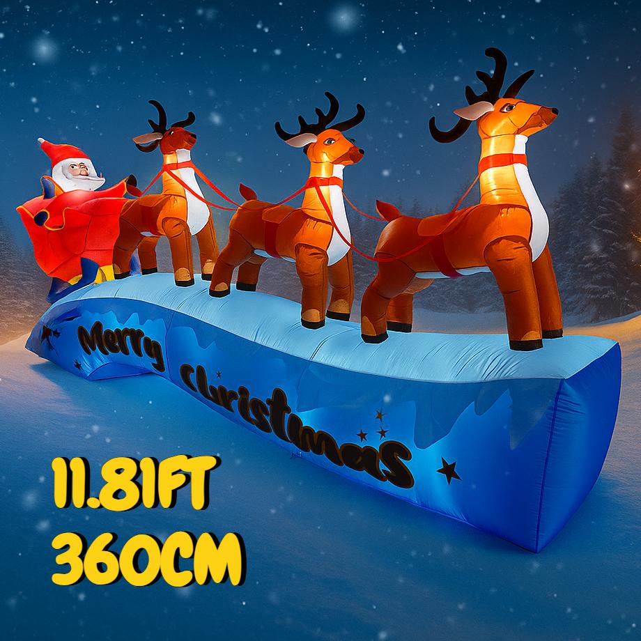 11.81FT Inflatable Santa Sleigh Reindeer Xmas LED Lit Yard Party Decoration Christmas Supplies Home Ornament Festive Gift Toy