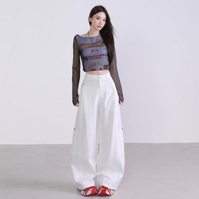 2025 Autumn Women's Spliced Wide-Leg Cargo Pants with Large Pockets