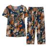 2 Pcs/Set Women Top Pants Set Flower Printed O Neck Loose Color Matching Short Sleeve