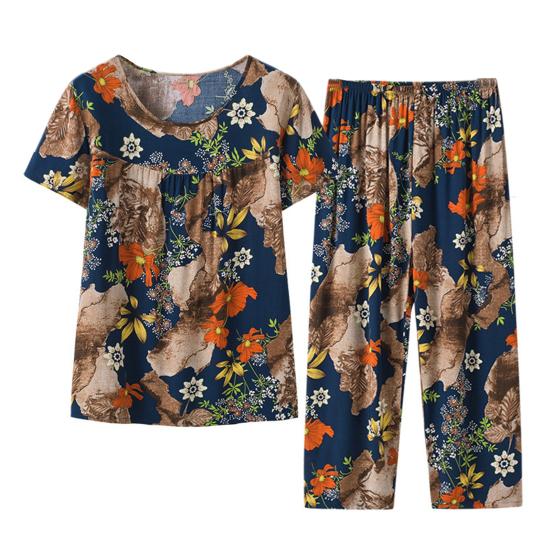 2 Pcs/Set Women Top Pants Set Flower Printed O Neck Loose Color Matching Short Sleeve