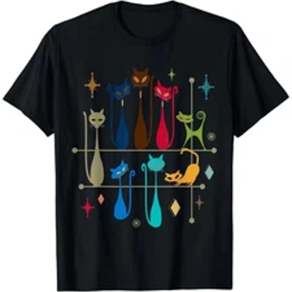 Retro Cat T Shirt For Both Genders Mid Century Modern Design Round Collar Vintage Homme Stretched Casual