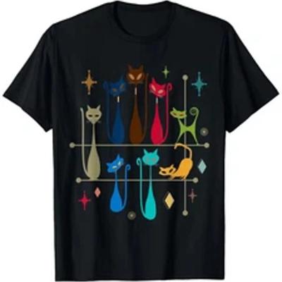 Retro Cat T Shirt For Both Genders Mid Century Modern Design Round Collar Vintage Homme Stretched Casual