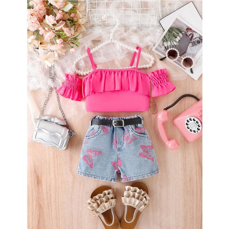 New Summer Girls' Denim Vest Top + Camisole + Green 100% off Skirt + Belt Four-Piece Set