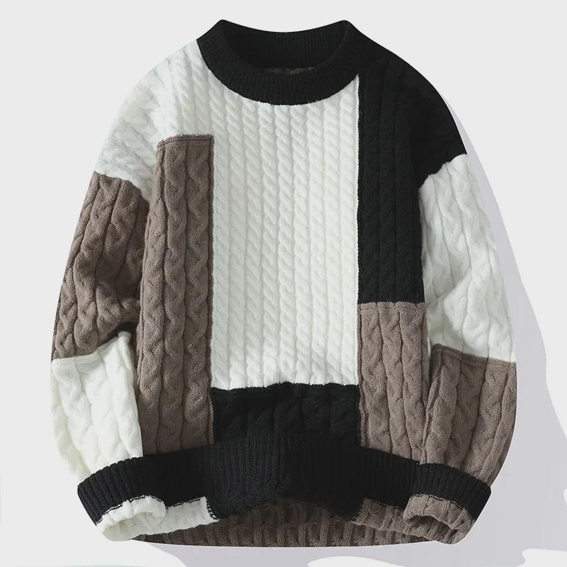 Pánské podzimní/zimní ležérní pletené svetry pro mládež - Dlouhý rukáv, kulatý výstřih, domácí nošení