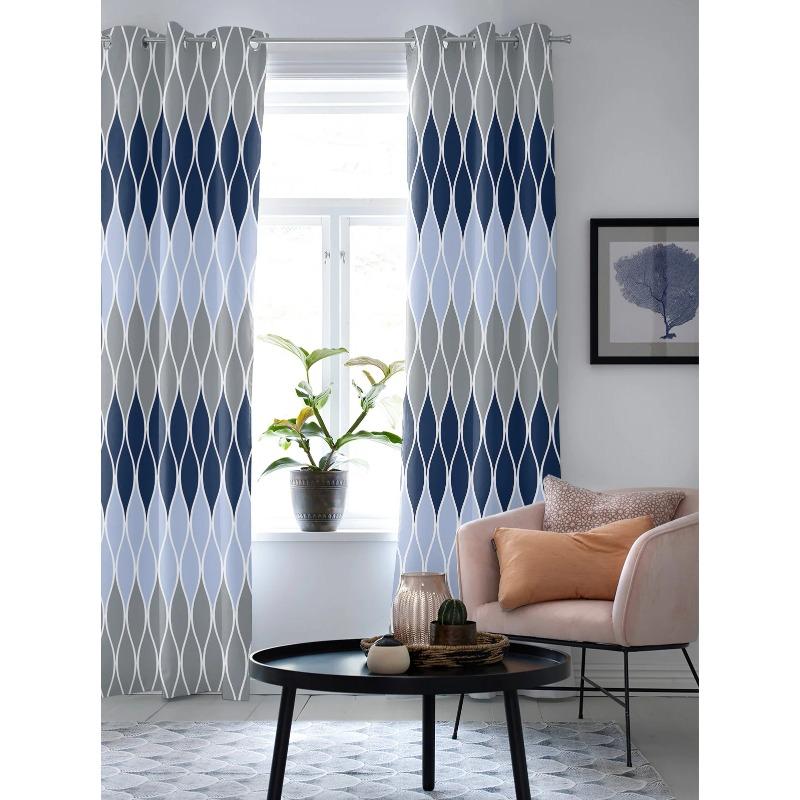 Geometric Blue Grey Medieval Print Window Curtains for Living Room Kitchen Curtain with Valance Kids Room Home Decor