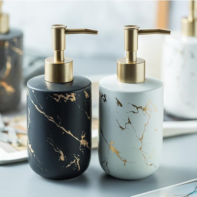 White and Gold Ceramic Soap Dispenser Luxury 300ml 10oz Hand Soap Bottle with Plastic Pump for Bathroom and Kitchen